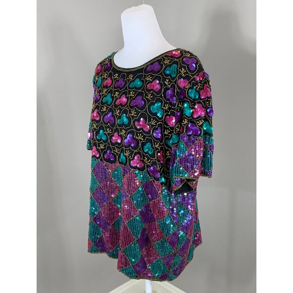 Vintage Harlequin Sequin Top Evening Cocktail Holiday Party Christmas Wedding - Picture 9 of 12